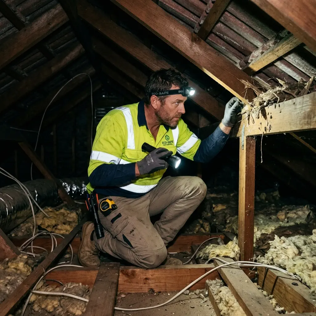 Technician inspecting a roof cavity for a dead animal in Carlton
